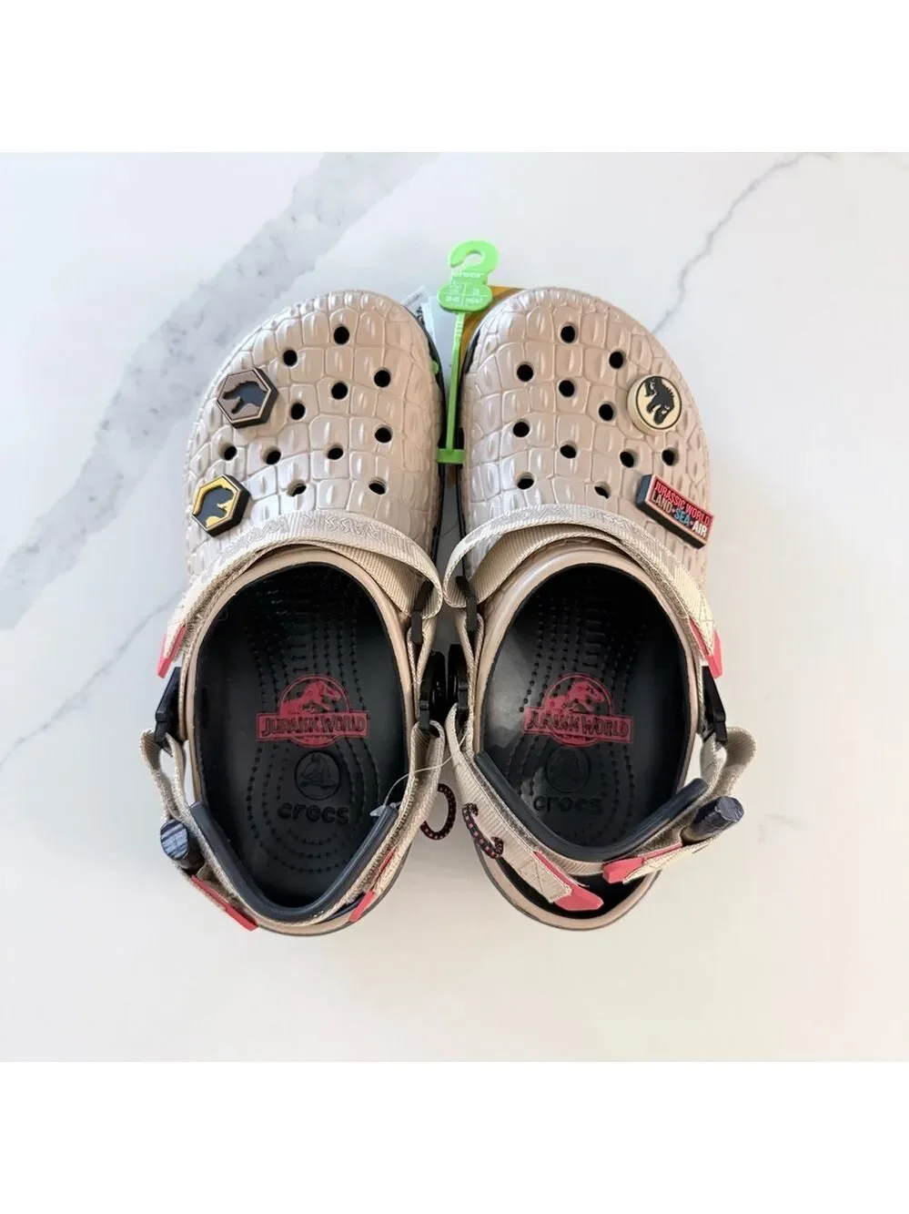NWT CROCS Jurassic World Classic Clog J6 / M7/W9 Beige Orange Black Red Dinosaur
